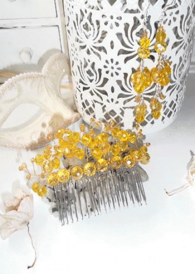 Дизайнерски Гребен- украса за коса жълти кристали комплект с обици модел Sunshine